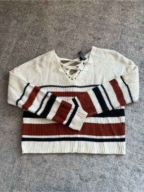 Windsor Lace-Up V-Neck Striped Sweater - White, Rust & Navy